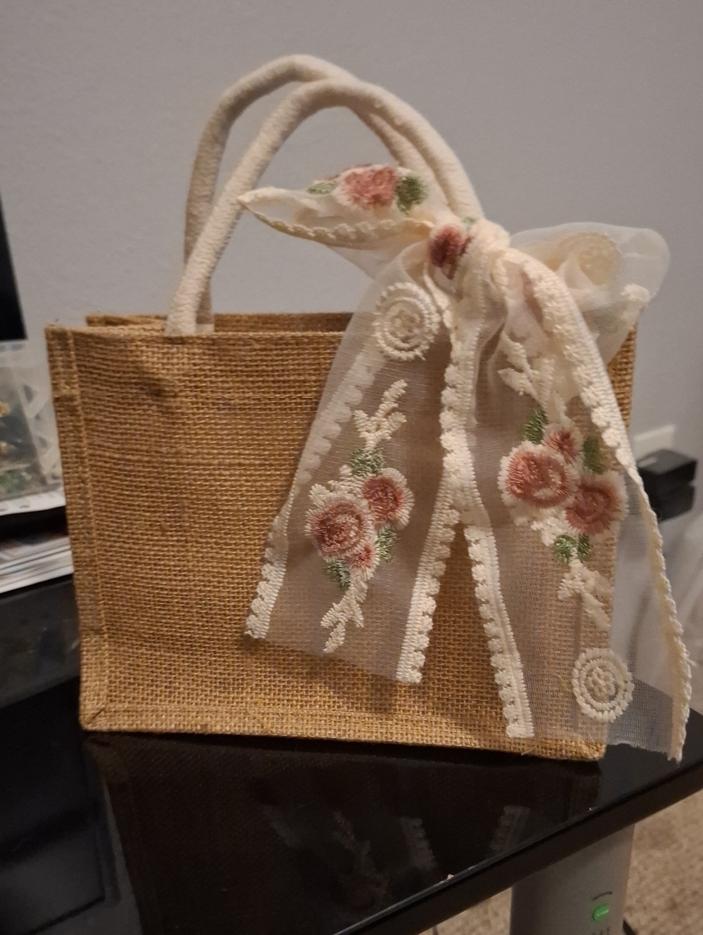 Beige Jute Tote Bag with Floral Bow